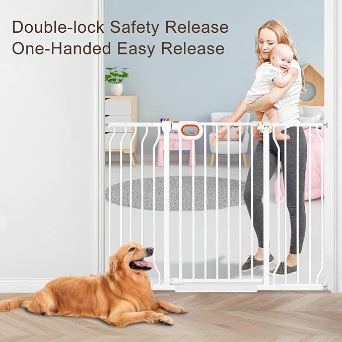 owlie 37.4" Extra Tall Wide Baby Gate for Stairs Doorways,57-66 Inch Extra Large Long Baby Gate with Door Indoor Safety Metal Pressure Mounted Pet Gate with Walk-Thru Auto Close, White