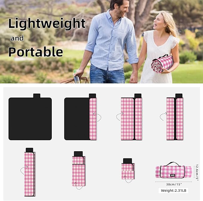ZAZE Picnic Blanket Waterproof Sandproof, 80''x80'' 3-Layer Cute Compact Extra Large Machine Washable Foldable Beach Mat, Big XL Outdoor Blankets for Spring Summer Camping, Park, Grass(Pink and White)