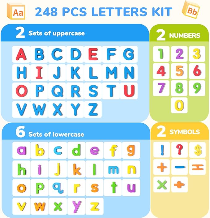 JoyCat Classroom Magnetic Letters Kit 248 Pcs with Double-Side 3D Foldable Magnetic Board - Foam Alphabet Letters&Numbers for Kids Spelling and Learning, Letter Board Tabletop Easel