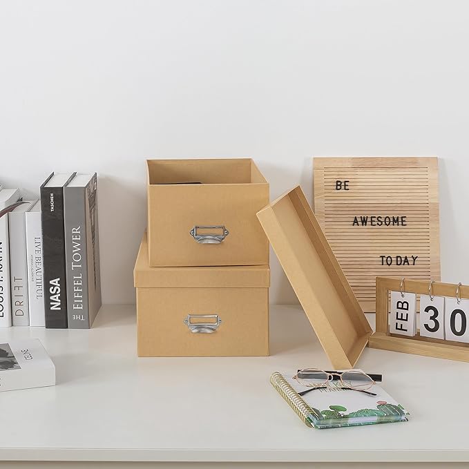 Soul & Lane Kraft Decorative Cardboard Storage Boxes with Lids, Set of 2 Stacking Keepsake Photo and Memory Boxes for Home & Office, Elegant Paperboard Organizers with Label Holders and Drawer Pulls