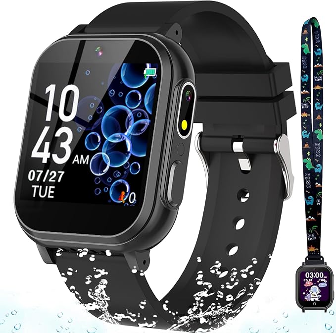Waterproof Smart Watch for Kids with 32 Games Dual Camera Video Habit Tracking Music Player Pedometer Screen Protectors Lanyard, HD Touchscreen Kids Smart Watch Toy Birthday Gift for 3-12 Year Old