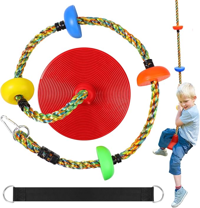 Tree Swing Climbing Rainbow Rope, Heavy Duty Swing Disc Seat Replacement for Kids with Hanging Strap and Platform Carabiners Indoor/Outdoor Playground Accessories (Red)