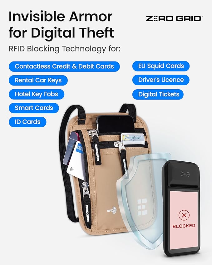 Neck Wallet for Travel & Passport Holder with RFID Blocking - Slim & Easy to Conceal Nylon Travel Pouch for men & women - Holds Phone, Cash, Cards, Keys - Sweat & Water Resistant - Large - Desert Sand