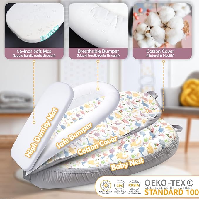 Baby Lounger | Organic Cotton Infant Lounger | Reversible, Adjustable & Portable Floor Lounger | Soft, Breathable, Washable Cover