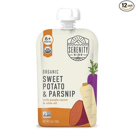 Serenity Kids 6+ Months Organic Veggie Puree Baby Food Pouches - No Added Sugar & Allergen Free - BPA-Free Baby Snacks & Toddler Food with Sweet Potato & Parsnip - 3.5 Oz, 12 Pack