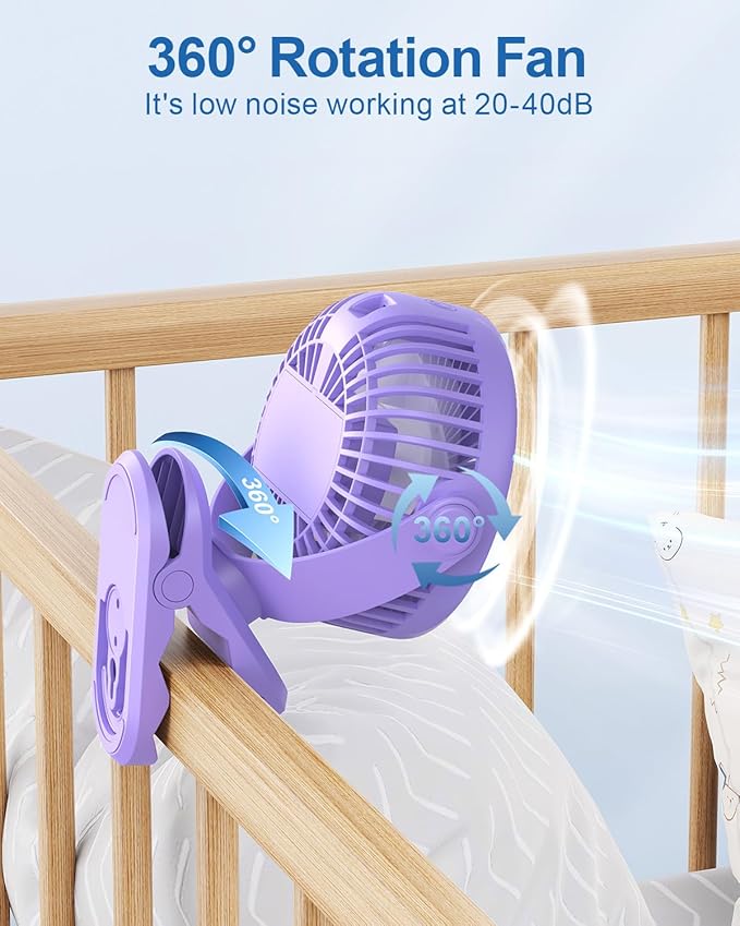 SWEETFULL Portable Clip on Fan - Battery Operated Stroller Fan, 4000mAh Small Rechargeable Fans with LED Display, 4 Speeds, Mini Personal Cooling Desk Cooler for Golf Cart Travel Camping Gym (Purple)