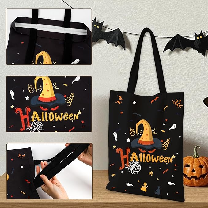 TYL&TYS Halloween Treat Bags, 3Pcs Trick or Treating Bags, Halloween Candy Canvas Tote Gift Bags (Trick or Treat, Cat, Pumpkin), Reusable Grocery Boo Basket Bag for Kids