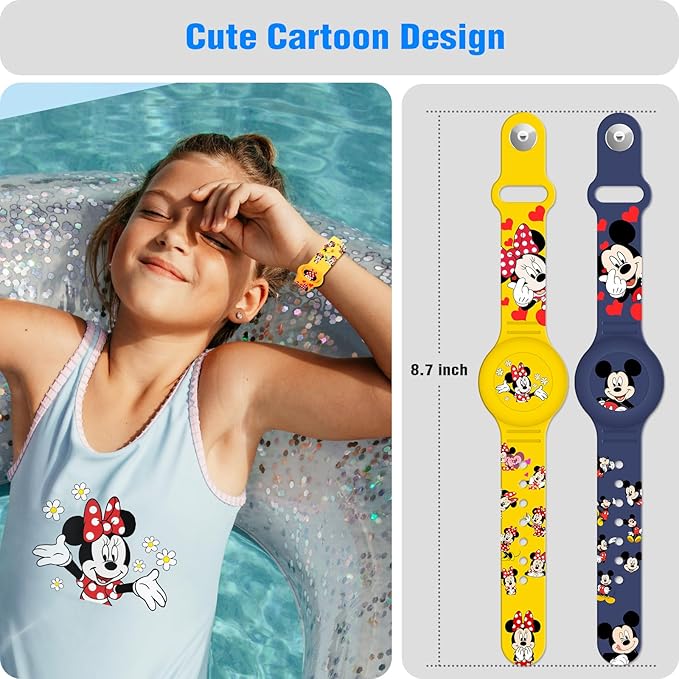 Waterproof Air Tag Bracelet for Kids [2 Pack], Cute Cartoon Air Tag Holder for Kids with Full Coverage Hidden Design, Silicone Airtag Wristband for Child, Healthy Material Blue + Yellow
