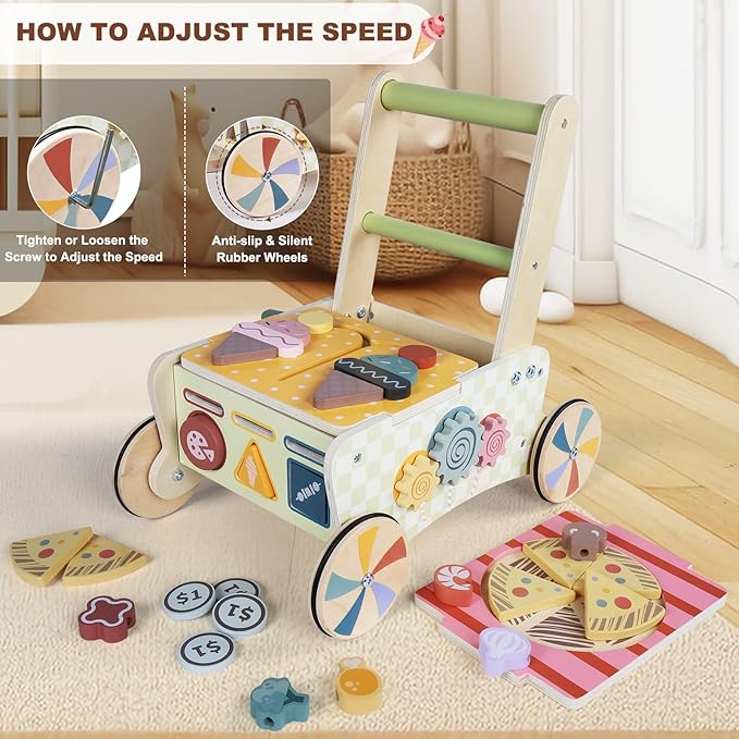 Wooden Baby Walker, Baby Push Walker, Montessori Kitchen Walker Toy, Push and Pull Learning Activity Walkers, Baby Walker with Wheels for Boys&Girls 12 Months, Baby Walker Push Toy Gifts for Toddler