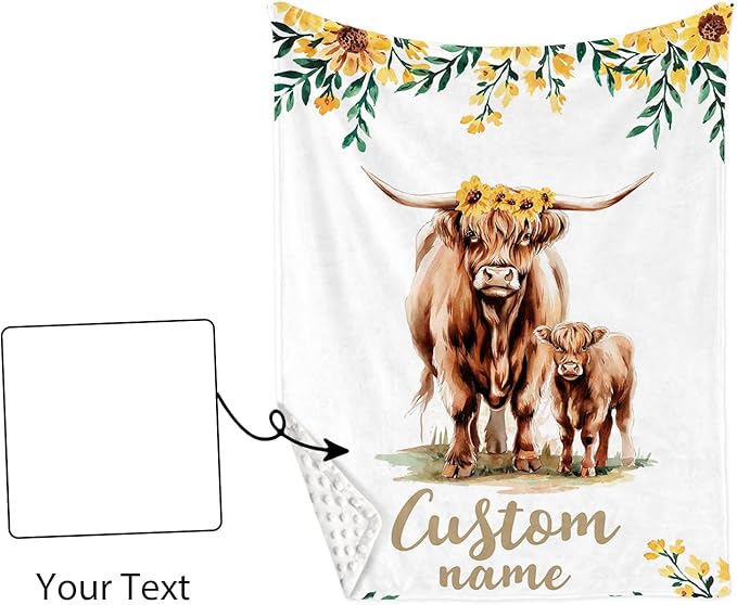 Custom Nursery Crib Bedding Set: Personalized Name 4 Piece Yellow Highland Cattle Design Baby Crib Sets for Girls - Toddler Double Layer Blanket Set, Comfortable Crib Bed Sheets for Baby Toddlers