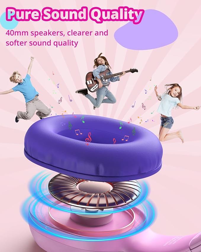 Tronsmart KH01 Kids Headphones - Foldable Over-Ear With Safety Volume 85/93dB, HD Stereo, 3.5mm Jack for Boys/Girls/School/Kindle/Travel/Tablets (Pink)