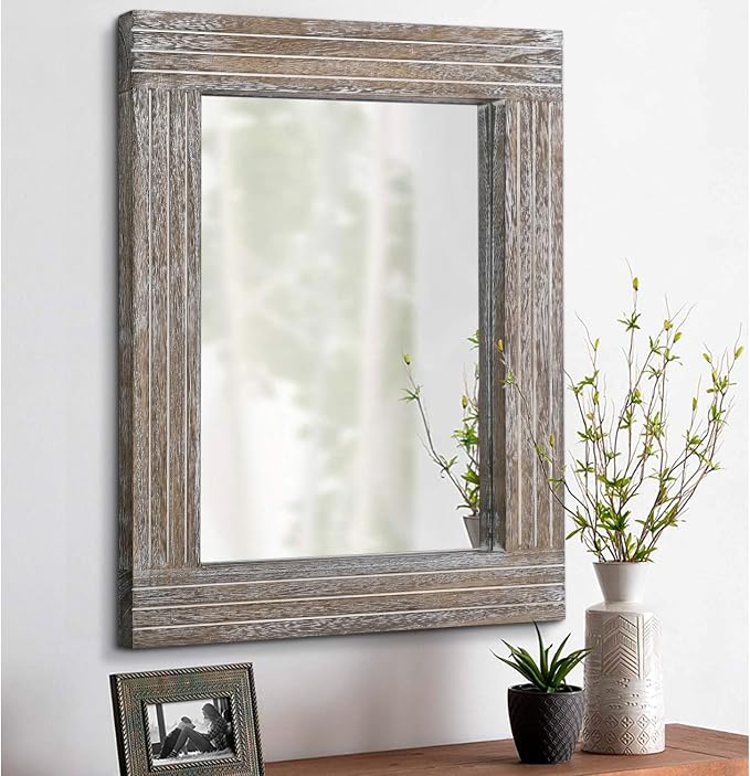 Rustic Wood Framed Wall Mirror Farmhouse Rectanglular Vintage Antique Decor by HLFMVWE