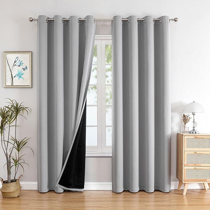 ChrisDowa 100% Blackout Curtains for Bedroom with Black Liner, 2 Thick Layers Total Blackout Thermal Insulated Grommet Long Window Curtains 2 Panels Set (Light Grey, 52 x 95 Inch)