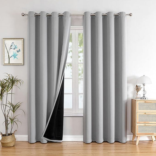 ChrisDowa 100% Blackout Curtains 108 inch Long for Bedroom with Black Liner, 2 Thick Layers Total Blackout Thermal Insulated Grommet Window Curtains 2 Panels Set (Light Grey, 52 x 108 Inch)