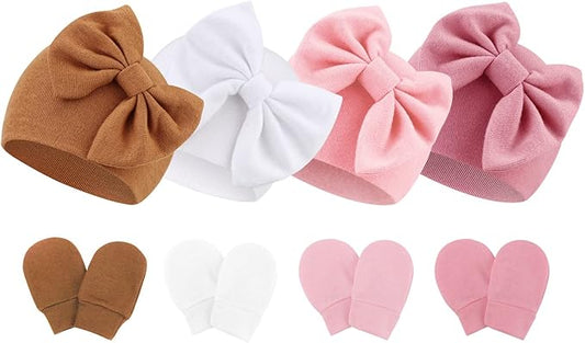 BQUBO Newborn Baby Hats Mittens Set Hospital Hat Beanie Infant Bow Hats Baby Gloves No Scratch Mittens for 0-6 Months
