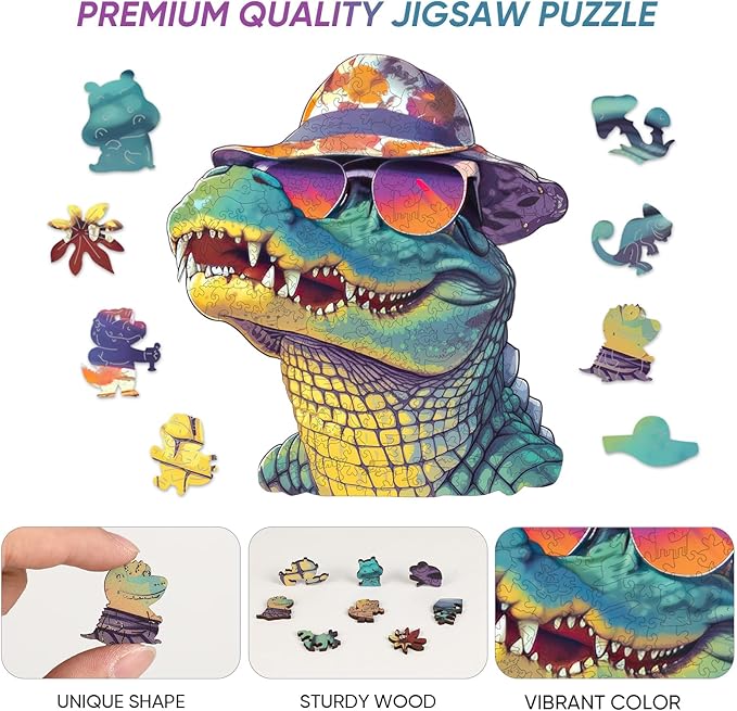 Wooden Puzzles for Adults, Glasses Crocodile Jigsaw Puzzles 200 Pieces Animal Unique Shaped Wood Cut Puzzle Gifts for Adults and Kids, Family Puzzle Games