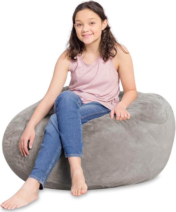 Posh Creations Bean Bag Chair for Kids, Teens, and Adults Includes Removable and Machine Washable Cover, Soft Faux Rabbit Fur - Gray, 38in - Large