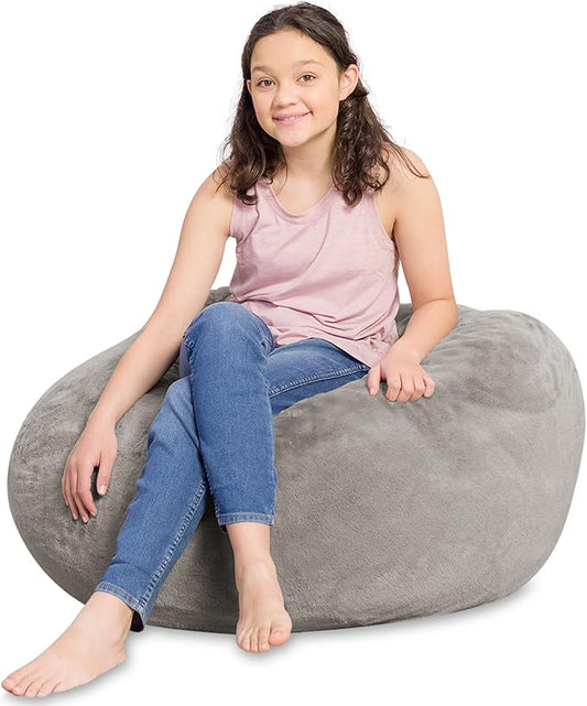 Posh Creations Bean Bag Chair for Kids, Teens, and Adults Includes Removable and Machine Washable Cover, Soft Faux Rabbit Fur - Gray, 38in - Large