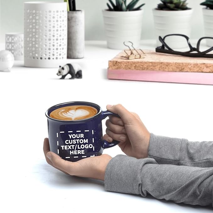 DISCOUNT PROMOS Custom Ceramic Campfire Coffee Mugs 13 oz. Set of 10, Personalized Bulk Pack - Perfect for Tea, Espresso, Cappuccino, Hot Cocoa - Blue