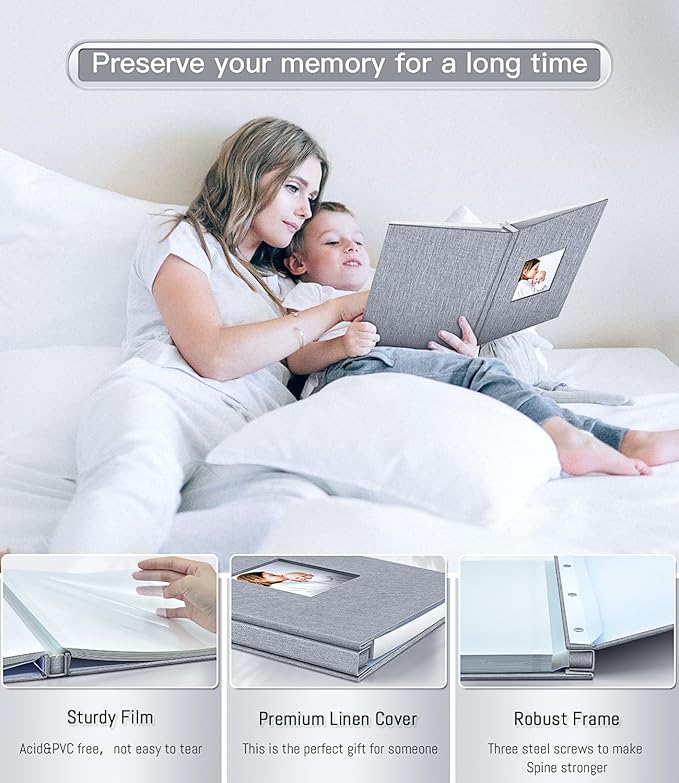 popotop Photo Album Self Adhesive with Picture Display Window,60 Pages DIY Scrapbooking Supplies Kit for 4x6 8x10 Picture,Linen Cover Memory Book for Baby Wedding, with Scraper and Metallic Pen