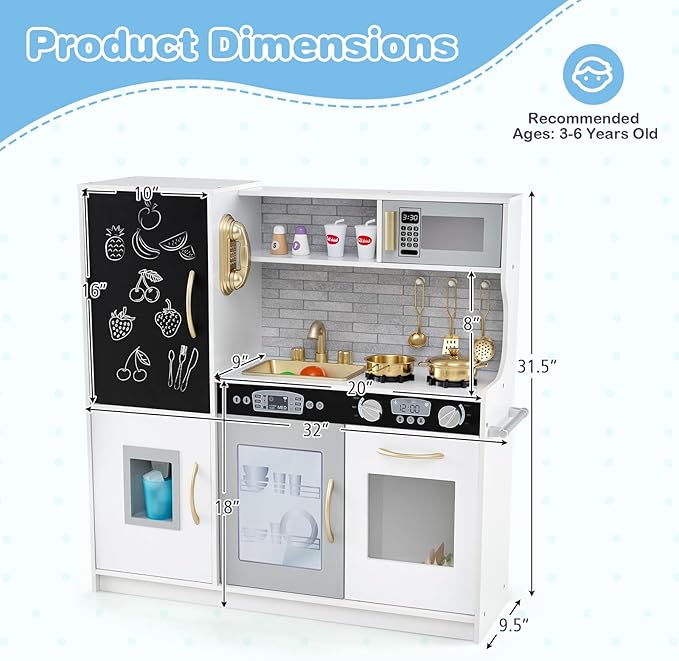 HONEY JOY Kids Kitchen Playset, Wooden Little Chef Pretend Toy Kitchen Set w/Chalkboard, Telephone, Utensils, Oven, Microwave, Sink, Storage, Play Kitchen for Toddlers Boys Girls, White Golden