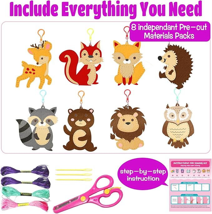 Sewing Kit for Kids, Friendship Keychain Making Toys, Beginner Arts and Crafts,8 Easy DIY Ornaments of Animal,Birthday Christmas Gifts Presents for Girls Age 6-12,Learn to Sew Embroidery