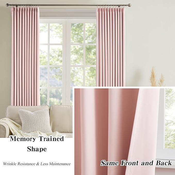 KEQIAOSUOCAI Blackout Curtain Drapes Pleated with Hooks,Thermal Insulated Darkening Solid Sound Reducing Drapes Light Blinds Window Treatment for Bedroom Living Room(Baby Pink, 2 Panels, W40 x L102)