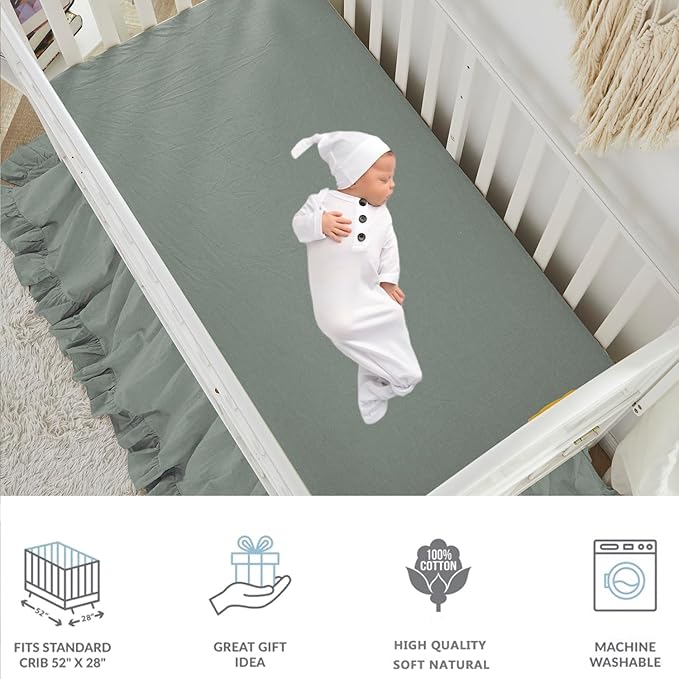 Brandream Gender Neutral Boho Bohemian Baby Girl Boy Nursery 3 Pieces Crib Bedding Set Solid Green Farmhouse Chic Ruffle Unisex Cozy 100% Washed Cotton