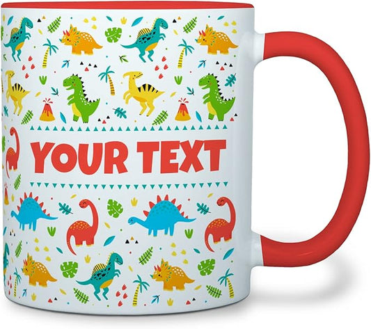 Personalized Mug for Kids - Dinosaurs - Custom Name/Text, Ceramic Hot Chocolate/Cocoa/Coffee Cup for Boys/Girls, Birthday/Christmas/Holiday Gift - 11 oz, Red Handle