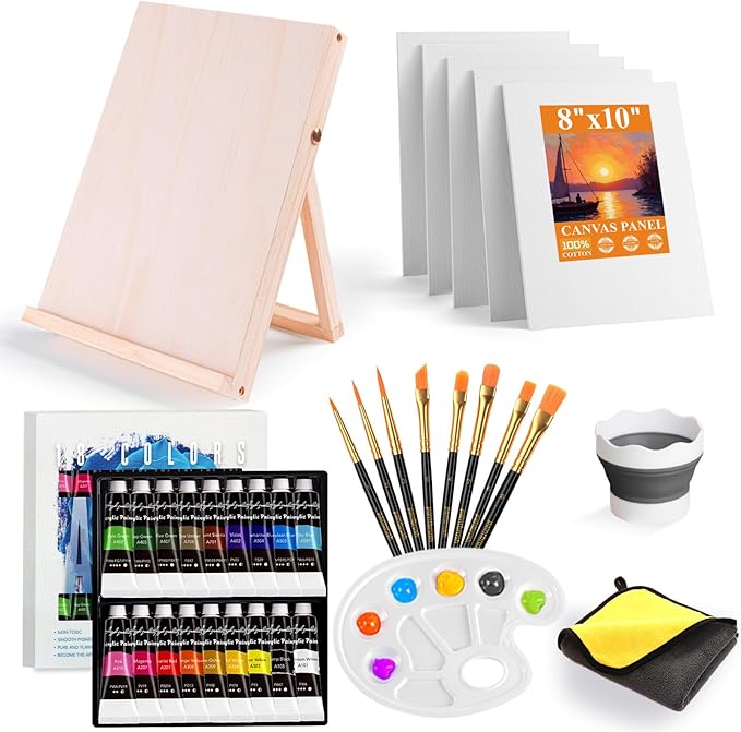 Painting Kit, Acrylic Paint Set for Kids & Adults - Painting Supplies with18 Acrylic Paints, 8 Painting Brushes, 5 Canvas Panels