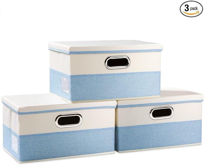 PRANDOM Collapsible Storage Bin with Lid [3-Pack] Fabric Foldable Storage Box Organizer Container Basket Cube with Cover for Home Bedroom Closet Office Nursery Blue&Cream(14.9x9.8x9.8)