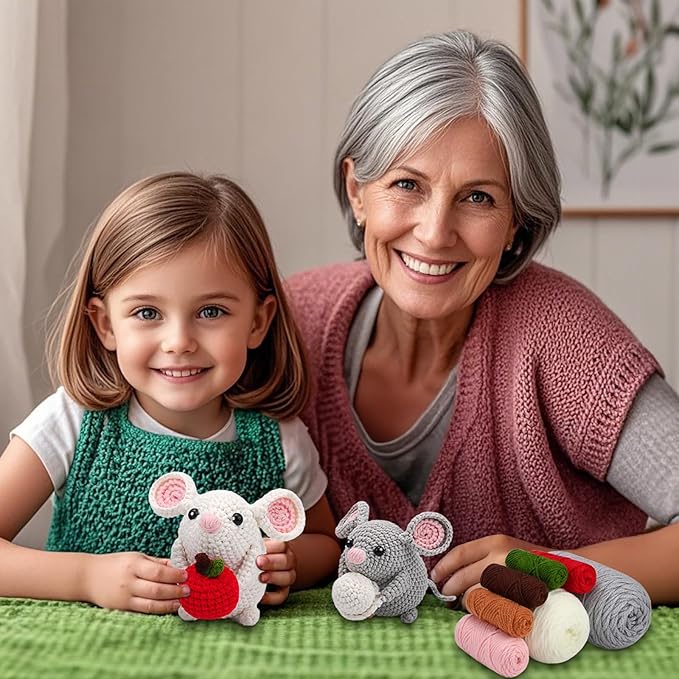 RUQKNO Crochet Kit for Beginners， 2 Pcs Hamster Amigurumi Crochet Animal Kit with Step-by-Step Video Tutorials, Easy-to-Learn Beginner Crochet Kit for Adults & Kids, All-in-One Craft Supplies