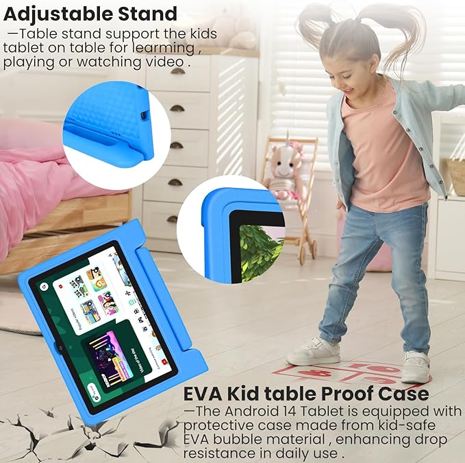 Kids Tablet 10.1 inch Android 14 Octa-Core 64GB 6000mAh Kids Space Parental Control 1280 * 800 HD Touchscreen Shockproof Case Dual Camera Gift for Toddler Children (Blue)