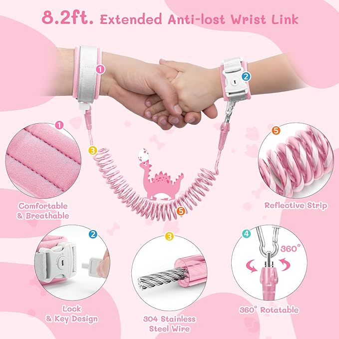Dr.meter 3 in 1 Toddler Harness Leash + 8.2ft Anti Lost Wrist Link, Cute Dinosaur Kids Anti Lost Leash with Key Lock, Child Walking Harness for Parent Boys Girls Keep Kids Close, Travel Essensials