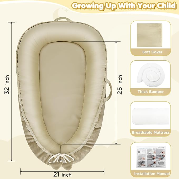 Baby Lounger - Baby Lounger for Newborn 0-24 Months, Breathable & Soft Cotton and Velvet Cover Baby Nest, Portable Tummy Time Lounger for Home and Travel, Ideal Baby Essentials & Shower Gifts