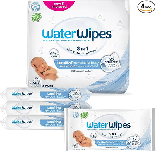 WaterWipes Sensitive+ Newborn & Baby Wipes, 3-In-1 Cleans, Cares, Protects, 99.9% Water, Unscented & Hypoallergenic, 240 Count (4 Packs)