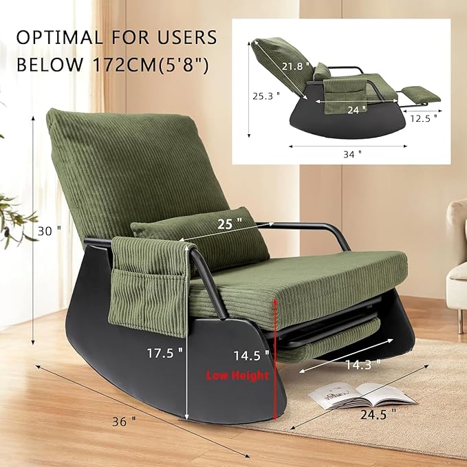 Rocking Chair for Nursery, Modern Upholstered Plush Seating Glider Recliner Chair with High Backrest and Side Pocket, Accent Armchair with Cushions for Living Room/Reading (Blackish Green)