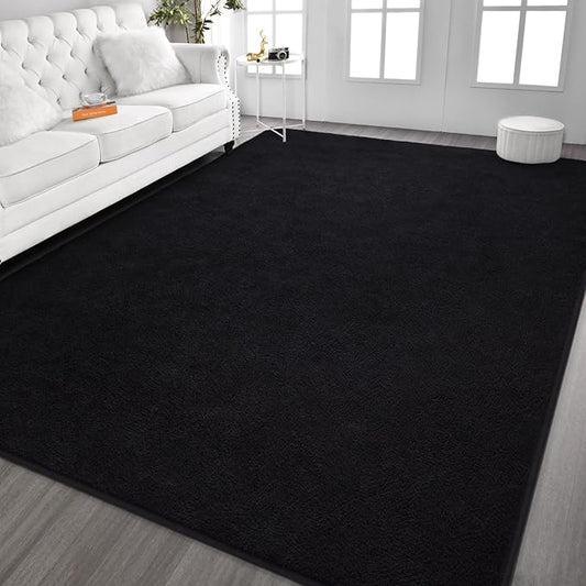 Kimicole 7x10 Washable Area Rugs for Living Room Bedroom, Large Low Pile Ulta-Thin Solid Color Rug, Non-Slip Soft Fluffy Carpet for Nursery Kids Room Dorm Room Home Decor (Black)