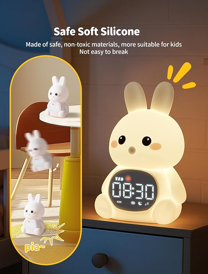 MASHI Bunny Alarm Clock, Toddler Sleep Training Clock with Sun & Moon, Sleep Sound Machine, Night Lights, Alarm Clock for Kids, Gift Ideas for Kids Child