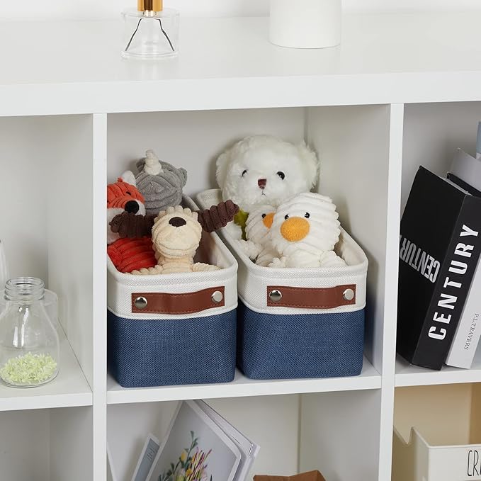 DULLEMELO Toilet Paper Baskets for Storage 15"x6"x5.5" Small Rectangular Baskets for Towels [2 Pack] Collapsible Fabric for Organizing Closet,Shelf,Toys (White&Blue)