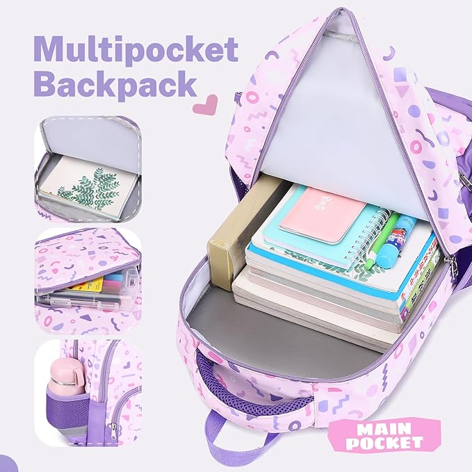 mygreen 3PCS Kids Backpack Set - Waterproof Bookbag with Lunch Box for Girls Ages 3-12, Adorable Cartoon Prints for School & Outdoor Use Pink Mermaid