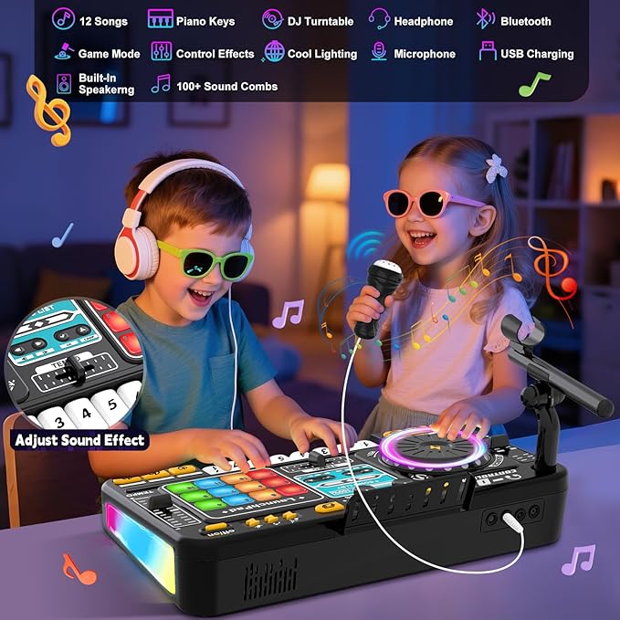 Kids Toys DJ Mixer for Party: Music Toy with Bluetooth & Microphone for Ages 3+ - 2000+ Sound Effects & Colorful Light - Idea Gift for Birthday Holiday