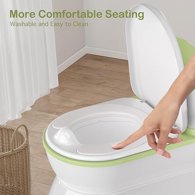 2-in-1 Toddler Potty Training Toilet - Larger Potty Chair & Detachable Training Seat for Boys & Girls Ages 1-3 with Flushing Sound, Wipes Storage, Toilet Paper Holder - Green