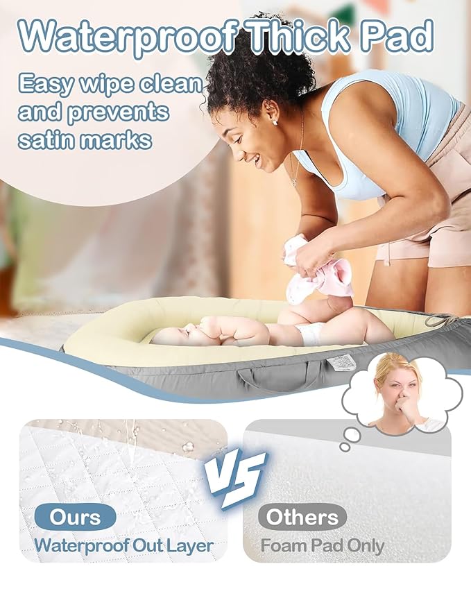 Baby Lounger - Infant Lounger for Newborn 0–26 Months, Waterproof Inner Cover and Pure Cotton Breathable Baby Nest Cover, Newborn Lounger for Baby Boys & Girls, Portable Lounger for Home and Travel