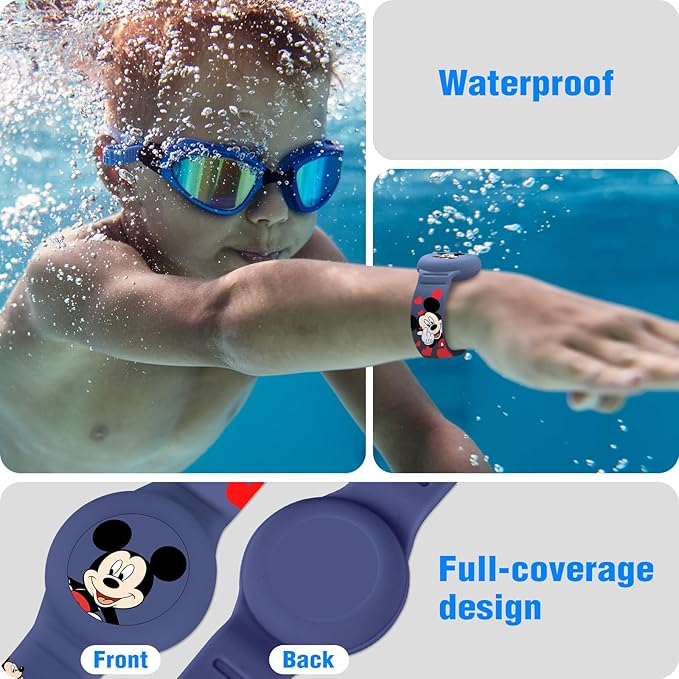 Waterproof Air Tag Bracelet for Kids [2 Pack], Cute Cartoon Air Tag Holder for Kids with Full Coverage Hidden Design, Silicone Airtag Wristband for Child, Healthy Material Blue + Yellow