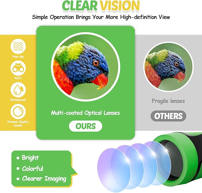 Binoculars for Kids, Kids Binoculars Toys for 3 4 5 6 7 8 Years Boys and Girls, Set with Magnifying Glass & Compass - Birthday Gifts Outdoor Toy for Kid Ages 3-8 Toddler Camping (Green)