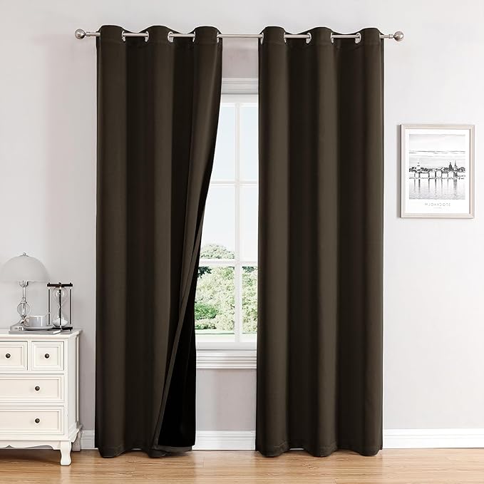 ChrisDowa 100% Blackout Curtains 78 inch Long for Bedroom with Black Liner, 2 Thick Layers Total Blackout Thermal Insulated Grommet Window Curtains 2 Panels Set (Brown, 42 x 78 Inch)