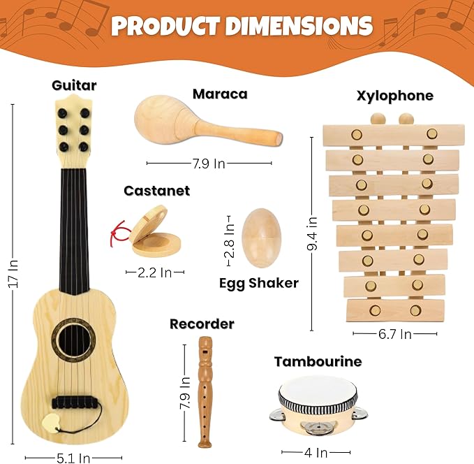 Natural Wood Musical Toys for Toddlers 1-3, Kids Musical Instruments set of 7 items Kids Guitar Egg shakers Flute Instruments Maracas Baby Xylophone Tambourine Castanets, Toddler learning Toys Experts