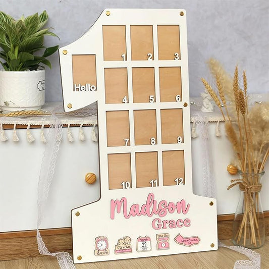 Personalized My First Year Photo Frame | 12 Months Picture Frame For Baby First Year | Displays Thirteen 2x3 Pictures And Birth Stats, Location | Birthday Party Decor Newborn Memory Keepsake