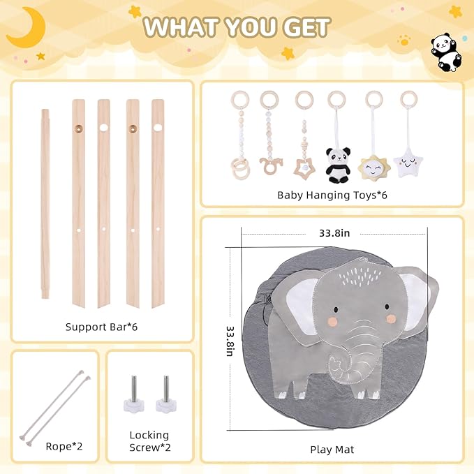 Wooden Baby Play Gym with Mat,Foldable Activity Gym for Newborns 0-12 Months,6 Hanging Sensory Toys for Infant Development,Montessori Toys for Baby Boys & Girls Shower Gift (Elephant)